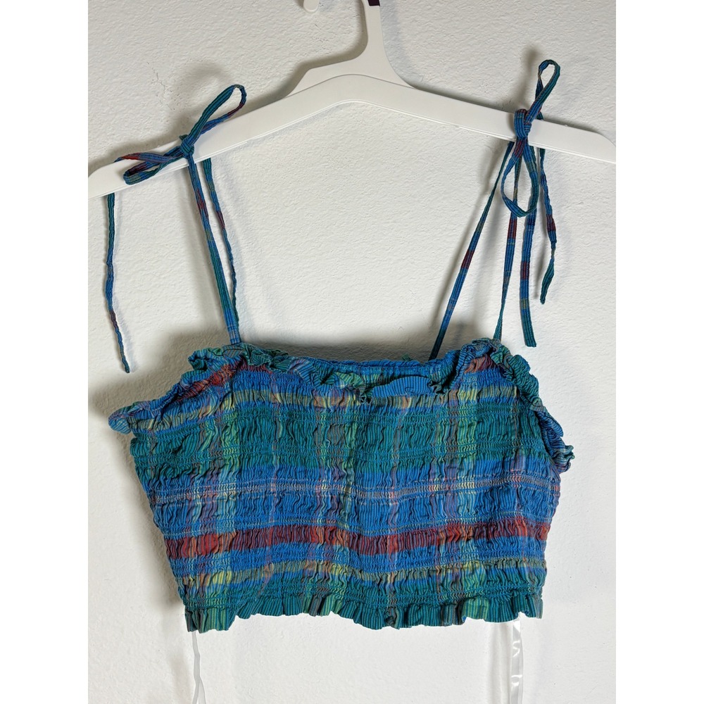 Free Assembly Plaid Smocked Crop Top and Midi Skirt Set Blue Green Large 12-14